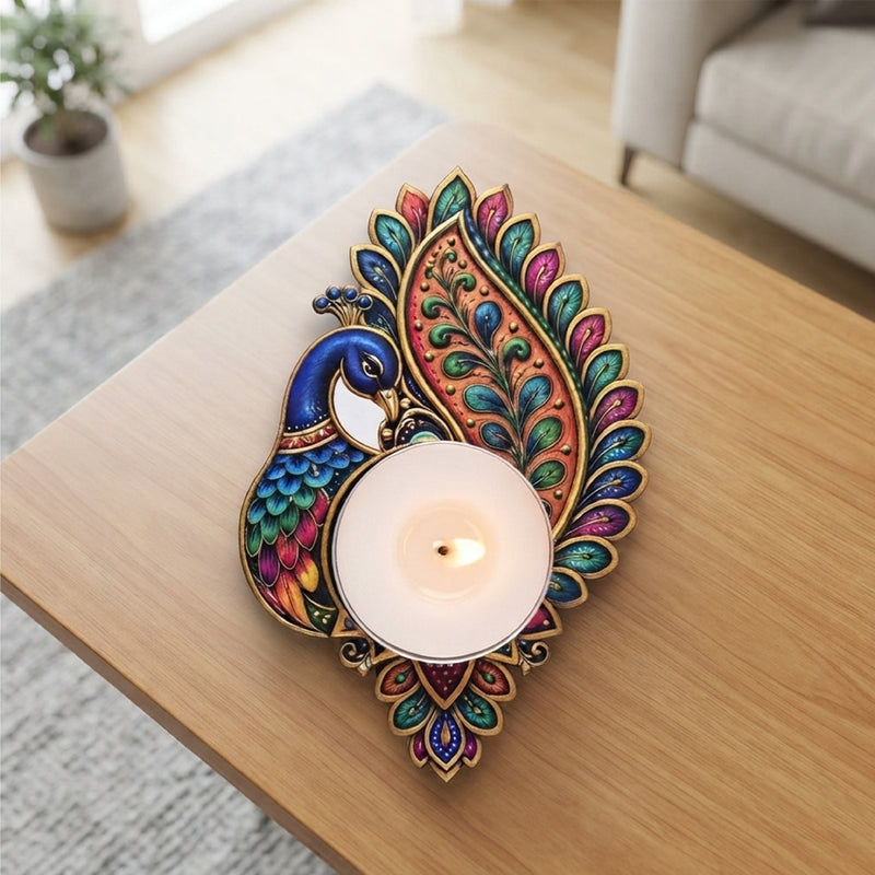 TodFod Peacock Tealight Candle Holder Coaster 4 Inch Wooden MDF Decorative Peacock Design for Diwali Pooja Home Decor