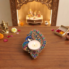 TodFod Peacock Tealight Candle Holder Coaster 4 Inch Wooden MDF Decorative Peacock Design for Diwali Pooja Home Decor