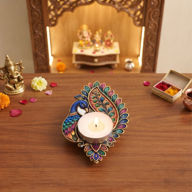 TodFod Peacock Tealight Candle Holder Coaster 4 Inch Wooden MDF Decorative Peacock Design for Diwali Pooja Home Decor