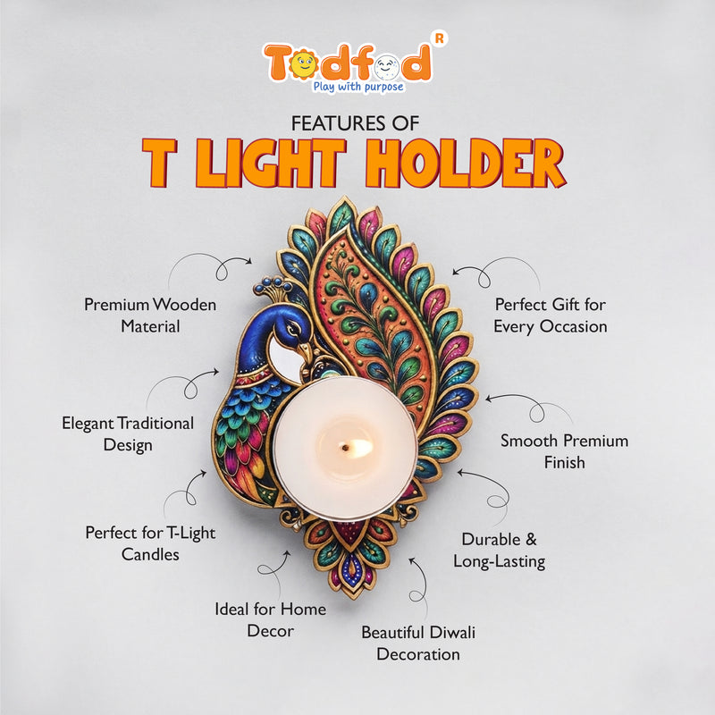 TodFod Peacock Tealight Candle Holder Coaster 4 Inch Wooden MDF Decorative Peacock Design for Diwali Pooja Home Decor