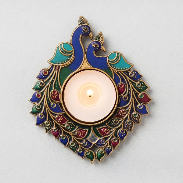 TodFod Double Peacock Tealight Candle Holder Coaster 4 Inch Wooden MDF Decorative Peacock Design for Diwali Pooja Home Decor