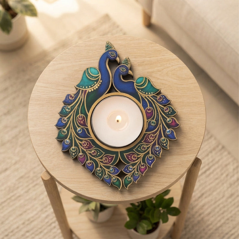 TodFod Double Peacock Tealight Candle Holder Coaster 4 Inch Wooden MDF Decorative Peacock Design for Diwali Pooja Home Decor