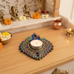 TodFod Double Peacock Tealight Candle Holder Coaster 4 Inch Wooden MDF Decorative Peacock Design for Diwali Pooja Home Decor