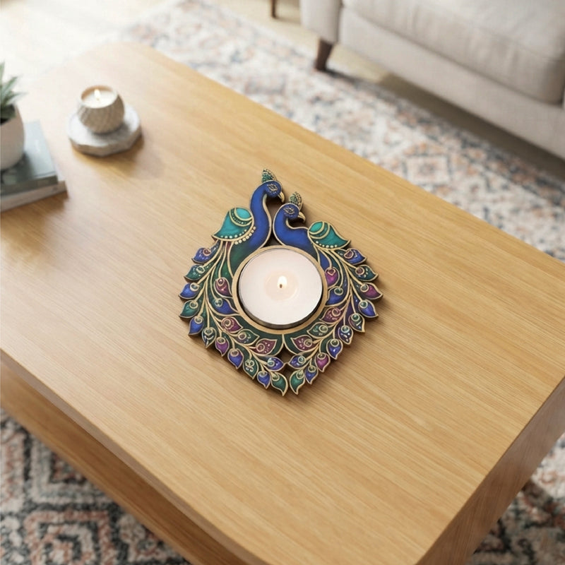 TodFod Double Peacock Tealight Candle Holder Coaster 4 Inch Wooden MDF Decorative Peacock Design for Diwali Pooja Home Decor
