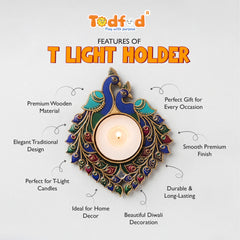 TodFod Double Peacock Tealight Candle Holder Coaster 4 Inch Wooden MDF Decorative Peacock Design for Diwali Pooja Home Decor