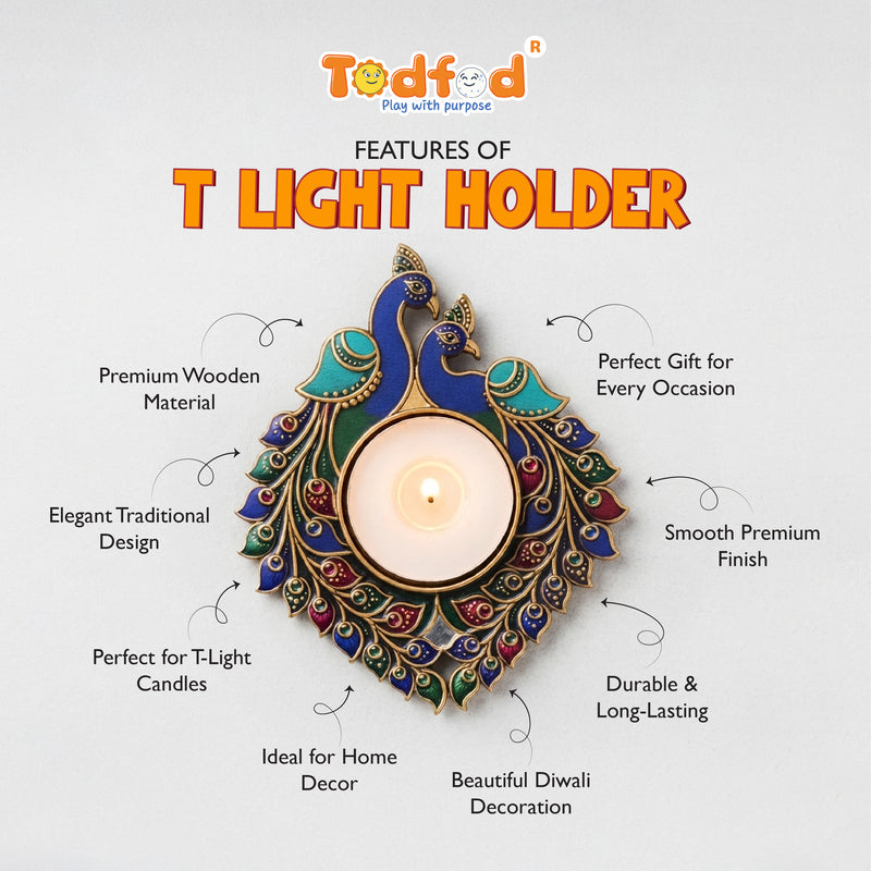 TodFod Double Peacock Tealight Candle Holder Coaster 4 Inch Wooden MDF Decorative Peacock Design for Diwali Pooja Home Decor