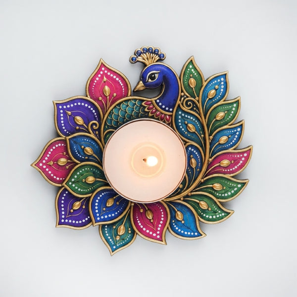 TodFod Peacock Tealight Candle Holder Coaster 4 Inch Wooden MDF Floral Decorative Design for Diwali Pooja Home Decor