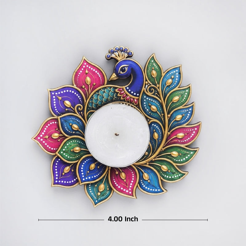 TodFod Peacock Tealight Candle Holder Coaster 4 Inch Wooden MDF Floral Decorative Design for Diwali Pooja Home Decor