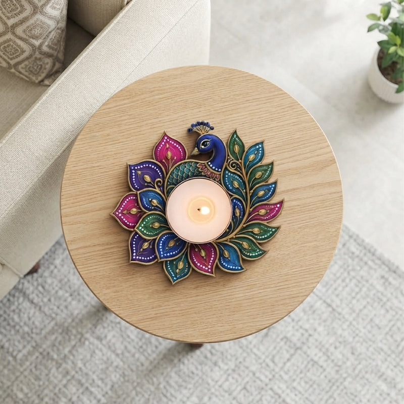 TodFod Peacock Tealight Candle Holder Coaster 4 Inch Wooden MDF Floral Decorative Design for Diwali Pooja Home Decor
