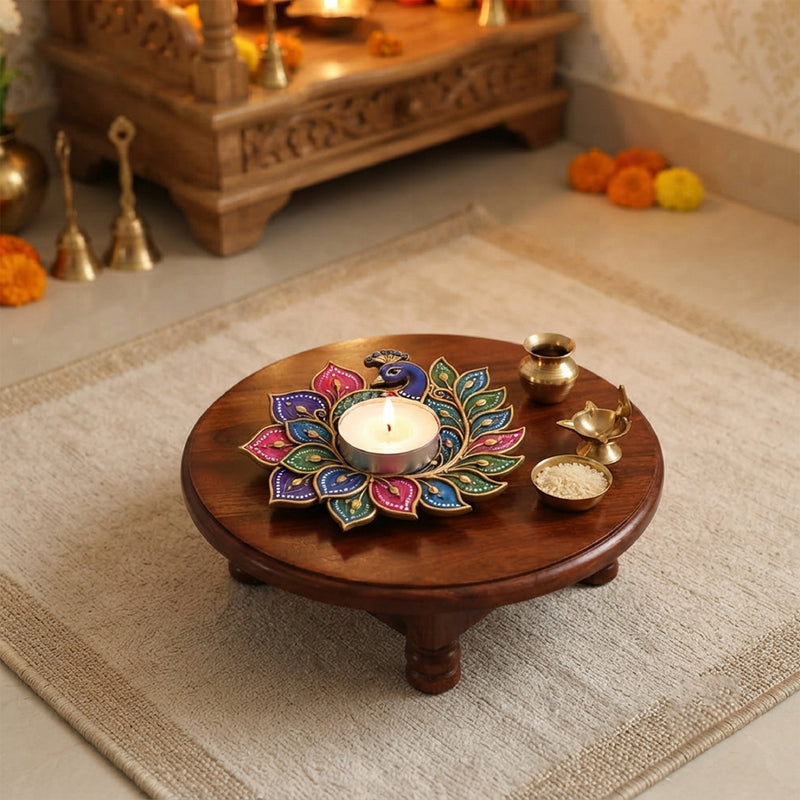 TodFod Peacock Tealight Candle Holder Coaster 4 Inch Wooden MDF Floral Decorative Design for Diwali Pooja Home Decor