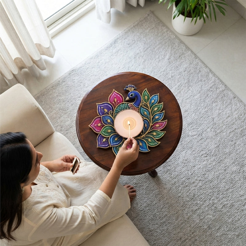 TodFod Peacock Tealight Candle Holder Coaster 4 Inch Wooden MDF Floral Decorative Design for Diwali Pooja Home Decor