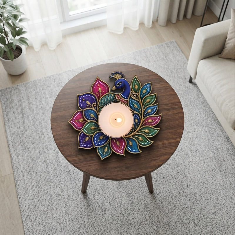 TodFod Peacock Tealight Candle Holder Coaster 4 Inch Wooden MDF Floral Decorative Design for Diwali Pooja Home Decor