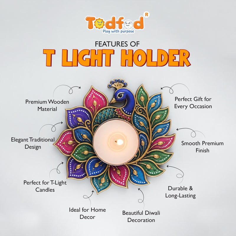 TodFod Peacock Tealight Candle Holder Coaster 4 Inch Wooden MDF Floral Decorative Design for Diwali Pooja Home Decor