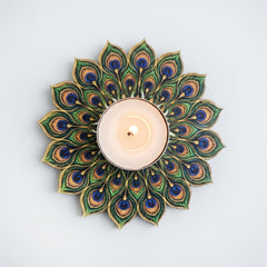 TodFod Peacock Feather Tealight Candle Holder Coaster 4 Inch Wooden MDF Decorative Mandala Design for Diwali Pooja Home Decor