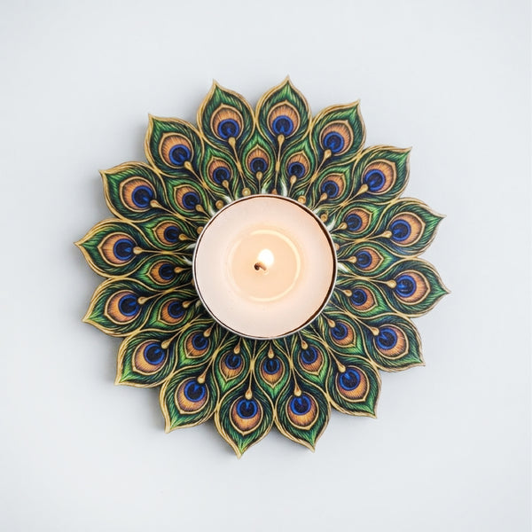 TodFod Peacock Feather Tealight Candle Holder Coaster 4 Inch Wooden MDF Decorative Mandala Design for Diwali Pooja Home Decor
