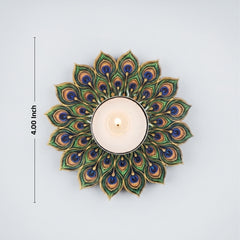 TodFod Peacock Feather Tealight Candle Holder Coaster 4 Inch Wooden MDF Decorative Mandala Design for Diwali Pooja Home Decor