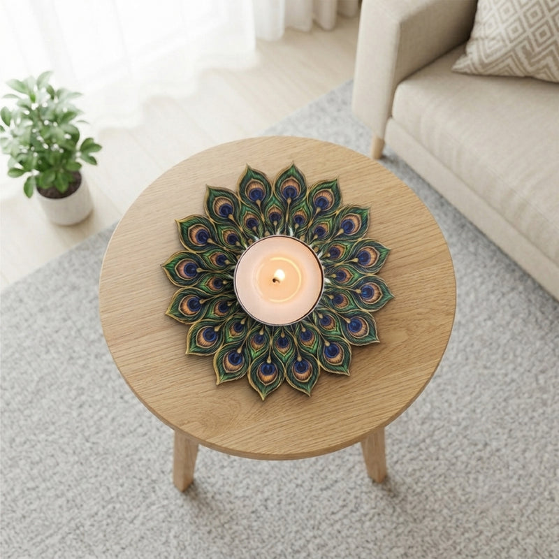 TodFod Peacock Feather Tealight Candle Holder Coaster 4 Inch Wooden MDF Decorative Mandala Design for Diwali Pooja Home Decor