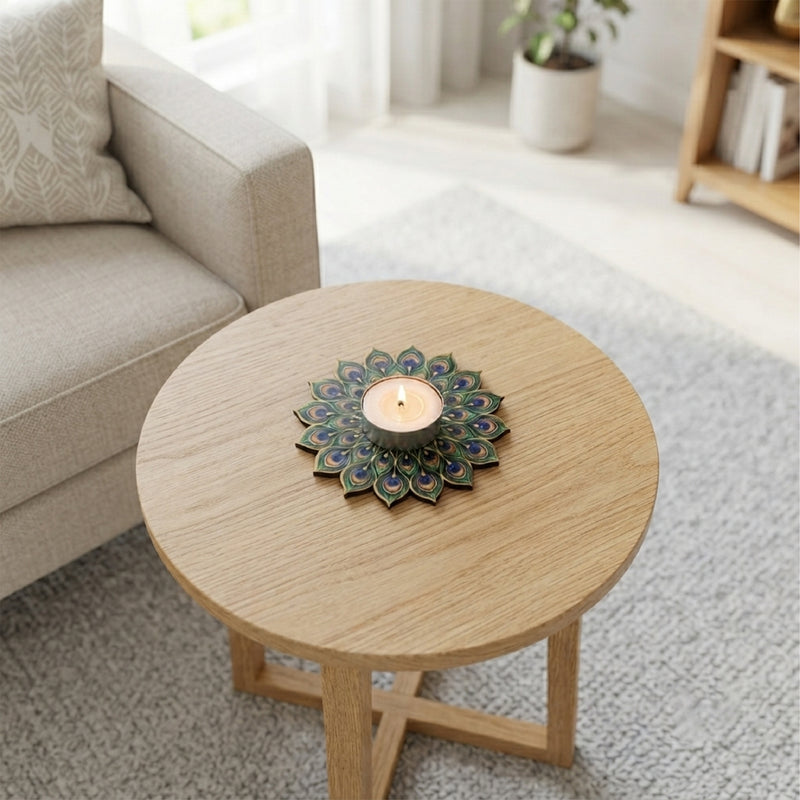 TodFod Peacock Feather Tealight Candle Holder Coaster 4 Inch Wooden MDF Decorative Mandala Design for Diwali Pooja Home Decor