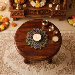 TodFod Peacock Feather Tealight Candle Holder Coaster 4 Inch Wooden MDF Decorative Mandala Design for Diwali Pooja Home Decor