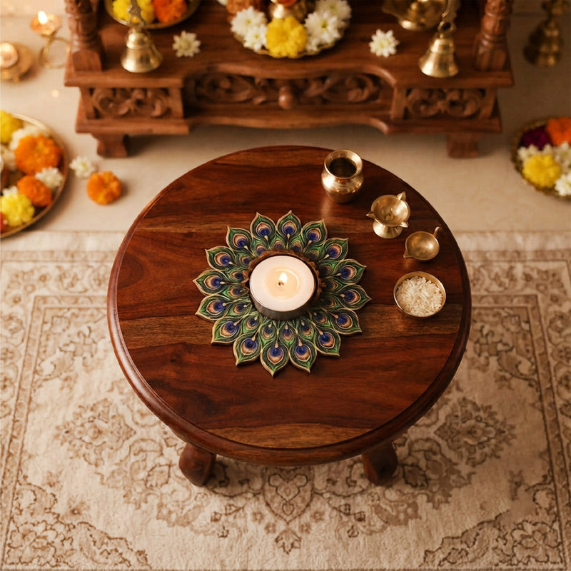 TodFod Peacock Feather Tealight Candle Holder Coaster 4 Inch Wooden MDF Decorative Mandala Design for Diwali Pooja Home Decor