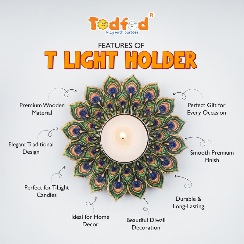 TodFod Peacock Feather Tealight Candle Holder Coaster 4 Inch Wooden MDF Decorative Mandala Design for Diwali Pooja Home Decor