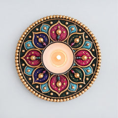 TodFod Round Tealight Candle Holder Coaster 4 Inch Wooden MDF Floral Mandala Design for Diwali Pooja Home Decor