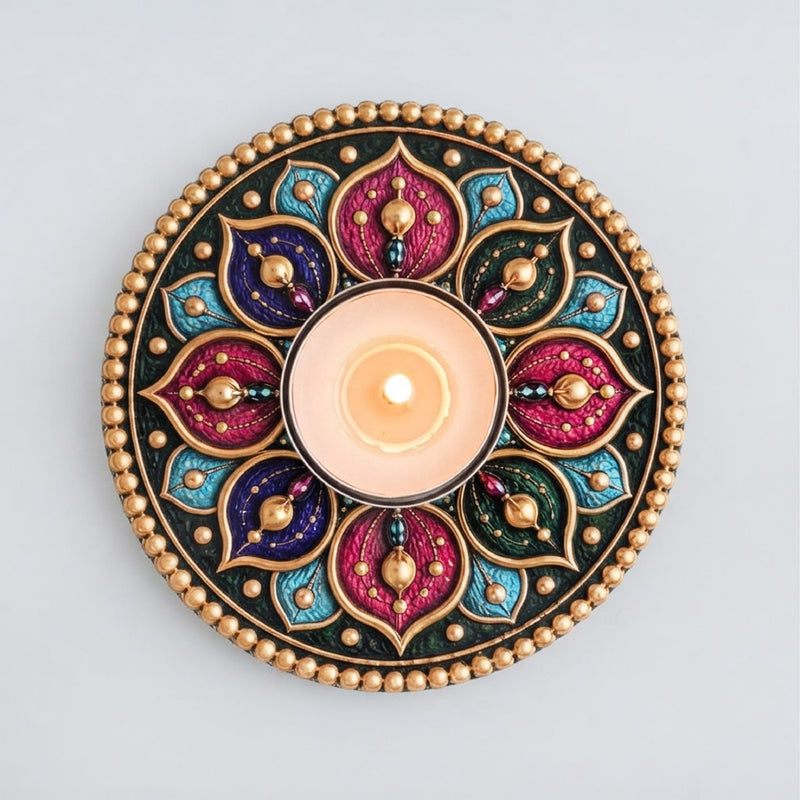 TodFod Round Tealight Candle Holder Coaster 4 Inch Wooden MDF Floral Mandala Design for Diwali Pooja Home Decor