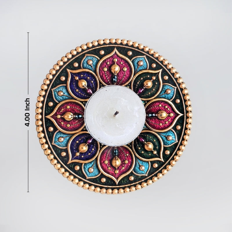 TodFod Round Tealight Candle Holder Coaster 4 Inch Wooden MDF Floral Mandala Design for Diwali Pooja Home Decor