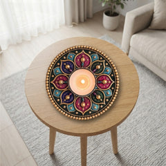 TodFod Round Tealight Candle Holder Coaster 4 Inch Wooden MDF Floral Mandala Design for Diwali Pooja Home Decor