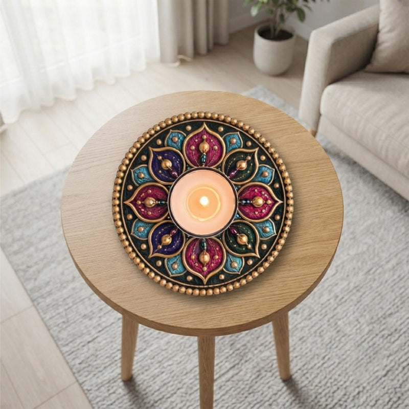 TodFod Round Tealight Candle Holder Coaster 4 Inch Wooden MDF Floral Mandala Design for Diwali Pooja Home Decor