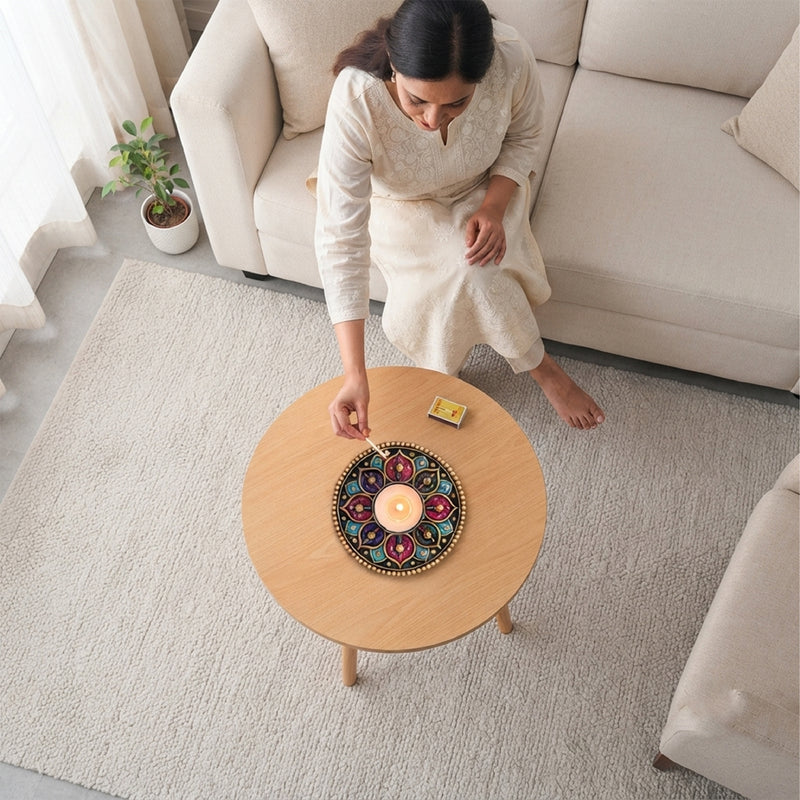TodFod Round Tealight Candle Holder Coaster 4 Inch Wooden MDF Floral Mandala Design for Diwali Pooja Home Decor
