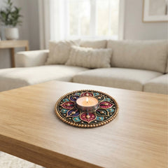 TodFod Round Tealight Candle Holder Coaster 4 Inch Wooden MDF Floral Mandala Design for Diwali Pooja Home Decor