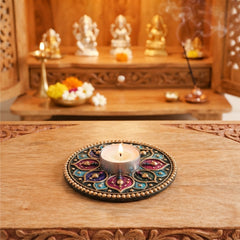 TodFod Round Tealight Candle Holder Coaster 4 Inch Wooden MDF Floral Mandala Design for Diwali Pooja Home Decor