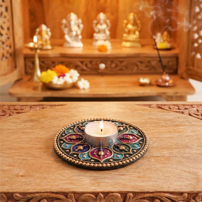 TodFod Round Tealight Candle Holder Coaster 4 Inch Wooden MDF Floral Mandala Design for Diwali Pooja Home Decor