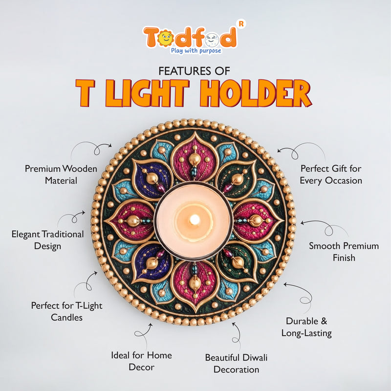 TodFod Round Tealight Candle Holder Coaster 4 Inch Wooden MDF Floral Mandala Design for Diwali Pooja Home Decor