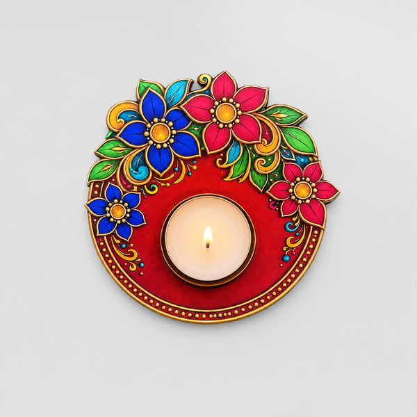 TodFod Floral Tealight Candle Holder Coaster 4 Inch Wooden MDF Decorative Flower Design for Diwali Pooja Home Decor