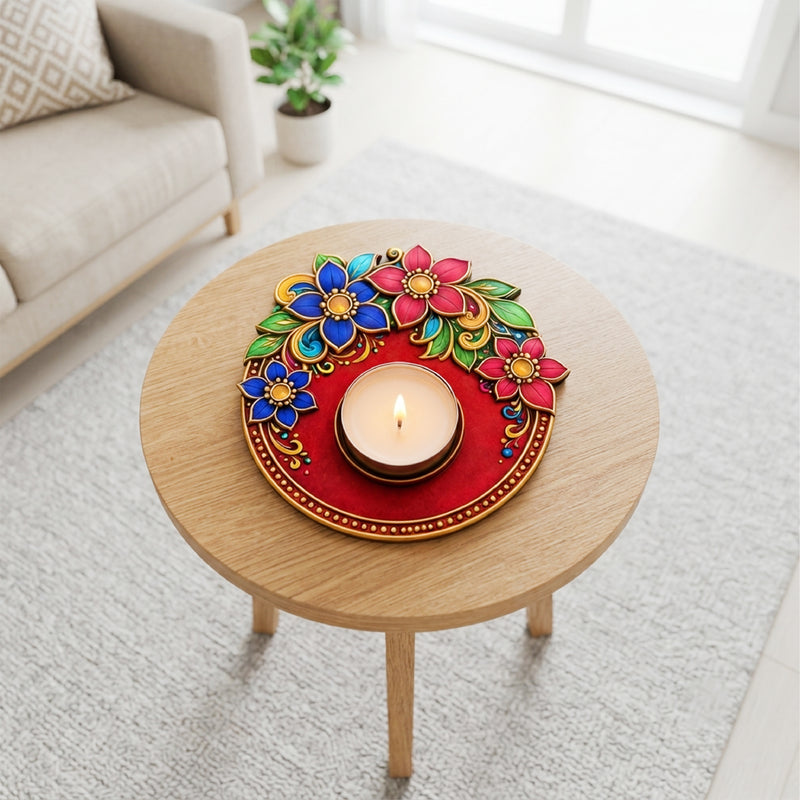 TodFod Floral Tealight Candle Holder Coaster 4 Inch Wooden MDF Decorative Flower Design for Diwali Pooja Home Decor