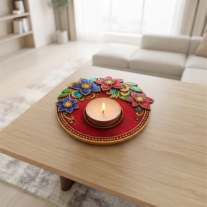 TodFod Floral Tealight Candle Holder Coaster 4 Inch Wooden MDF Decorative Flower Design for Diwali Pooja Home Decor