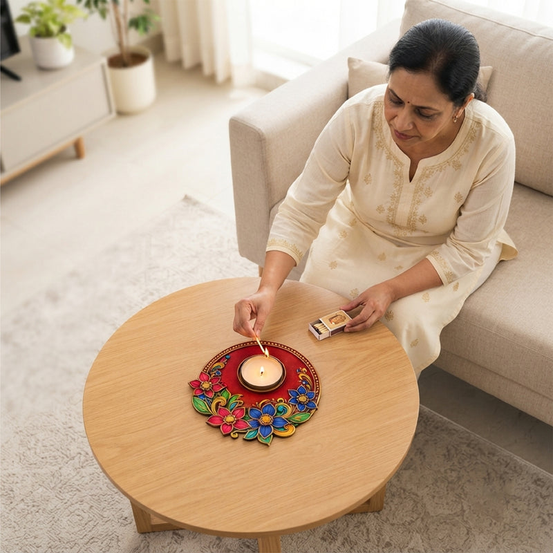 TodFod Floral Tealight Candle Holder Coaster 4 Inch Wooden MDF Decorative Flower Design for Diwali Pooja Home Decor