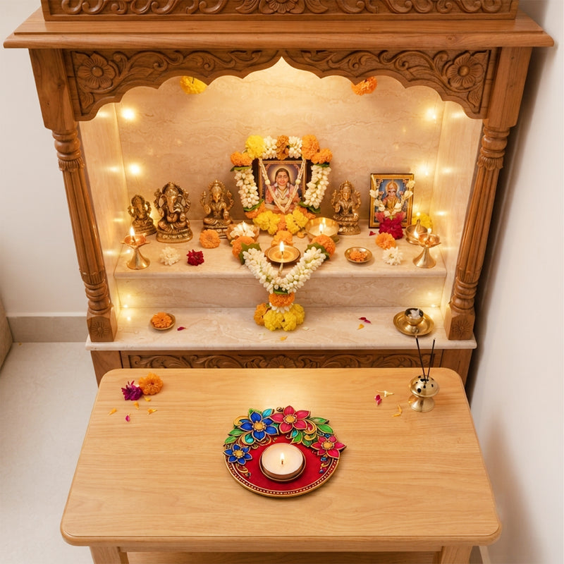TodFod Floral Tealight Candle Holder Coaster 4 Inch Wooden MDF Decorative Flower Design for Diwali Pooja Home Decor