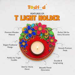 TodFod Floral Tealight Candle Holder Coaster 4 Inch Wooden MDF Decorative Flower Design for Diwali Pooja Home Decor