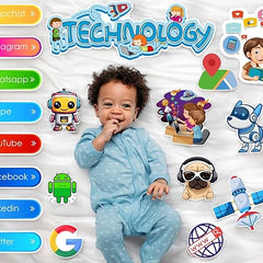 Baby lying on a bed surrounded by technology-themed illustrations and icons.