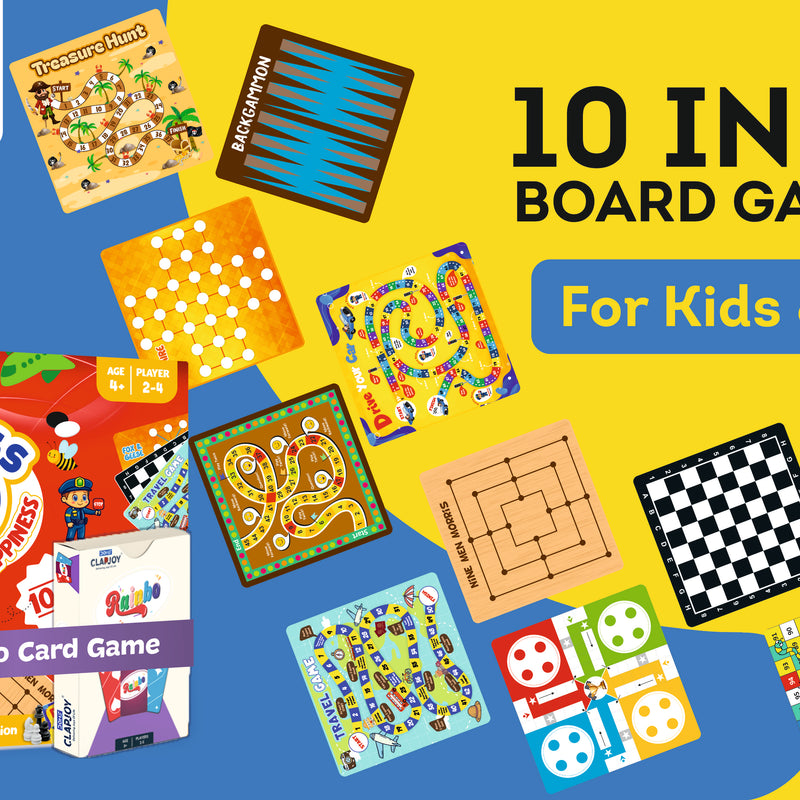 10 in 1 Board Game for Kids & Family | Ludo, Chess, Snakes & Ladders, Backgammon, Solitaire, Treasure Hunt & More | 2-4 Players | Age 4+ | With Rainbow Card Game