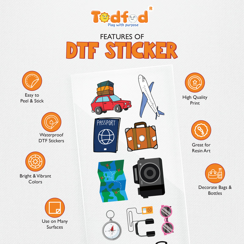 TodFod Travel DTF Heat Transfer Sticker Sheet | Cute Travel-Themed Iron-On Transfers for T-Shirts, Hoodies, Bags, Luggage & Fabric DIY Crafts | 11 x 4 Inch