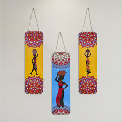 Smaran Tribal Art Wooden Wall Hanging Decor Set of 3 | African Woman Silhouette with Ethnic Pattern Plaque | Chain Connected Boho Sign for Living Room Bedroom & Gift