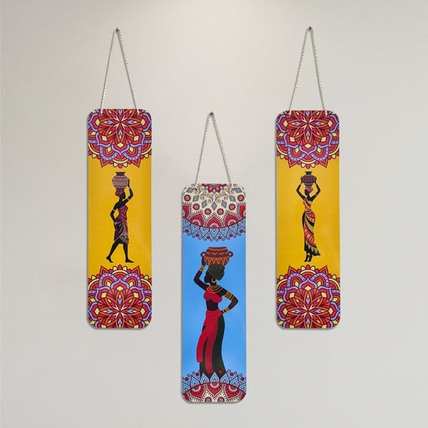 Smaran Tribal Art Wooden Wall Hanging Decor Set of 3 | African Woman Silhouette with Ethnic Pattern Plaque | Chain Connected Boho Sign for Living Room Bedroom & Gift