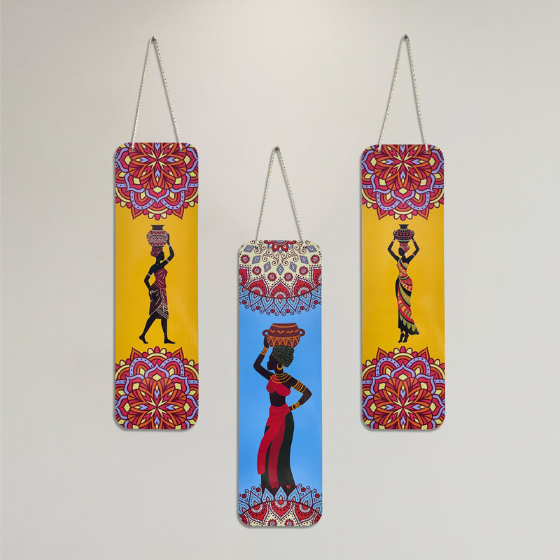 Smaran Tribal Art Wooden Wall Hanging Decor Set of 3 | African Woman Silhouette with Ethnic Pattern Plaque | Chain Connected Boho Sign for Living Room Bedroom & Gift