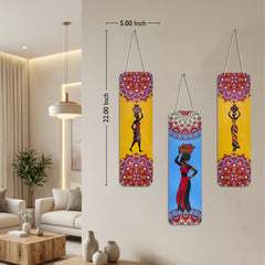 Smaran Tribal Art Wooden Wall Hanging Decor Set of 3 | African Woman Silhouette with Ethnic Pattern Plaque | Chain Connected Boho Sign for Living Room Bedroom & Gift