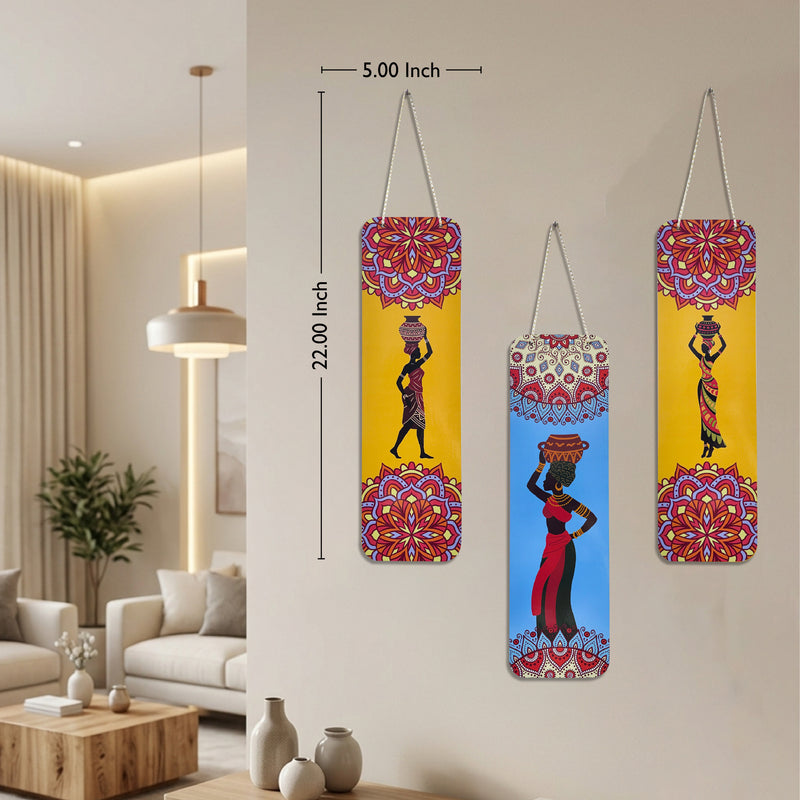 Smaran Tribal Art Wooden Wall Hanging Decor Set of 3 | African Woman Silhouette with Ethnic Pattern Plaque | Chain Connected Boho Sign for Living Room Bedroom & Gift