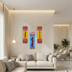 Smaran Tribal Art Wooden Wall Hanging Decor Set of 3 | African Woman Silhouette with Ethnic Pattern Plaque | Chain Connected Boho Sign for Living Room Bedroom & Gift